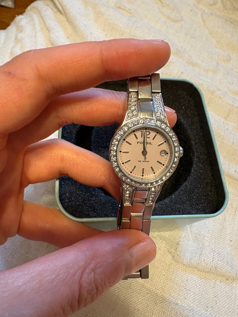 Fossil Womens Silver Watch With Pink Dial And Crystal Accents